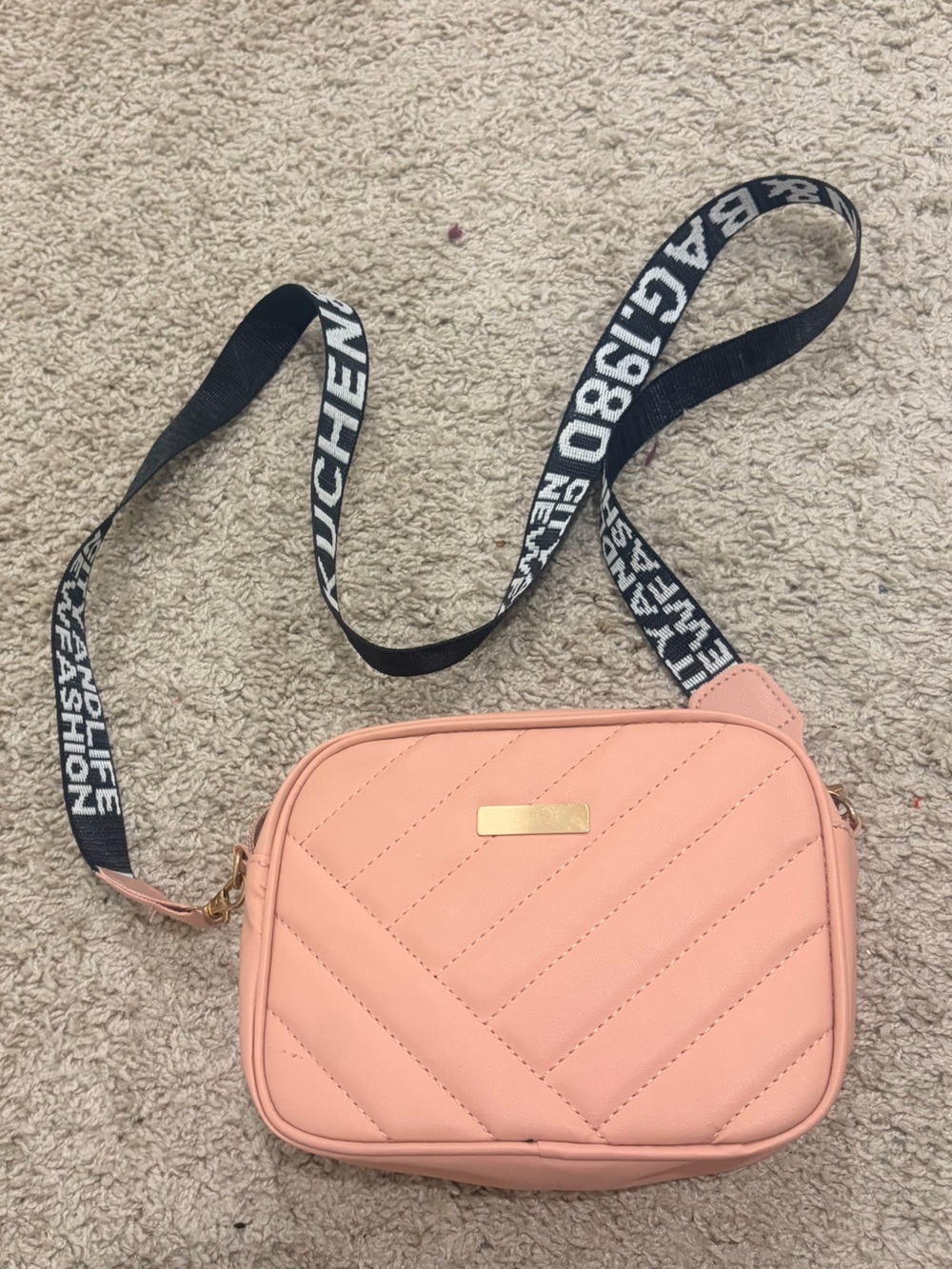 SHEIN Blush Quilted Crossbody with Branded Black Strap